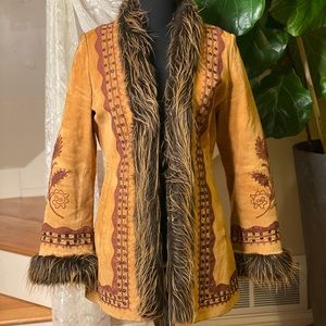 Boho Styled Leather Coat with Faux Fur trim